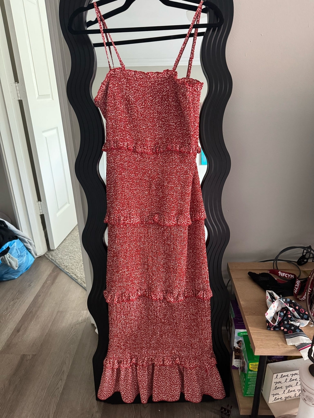 Red Spotted Tiered Maxi Dress with Spaghetti Straps